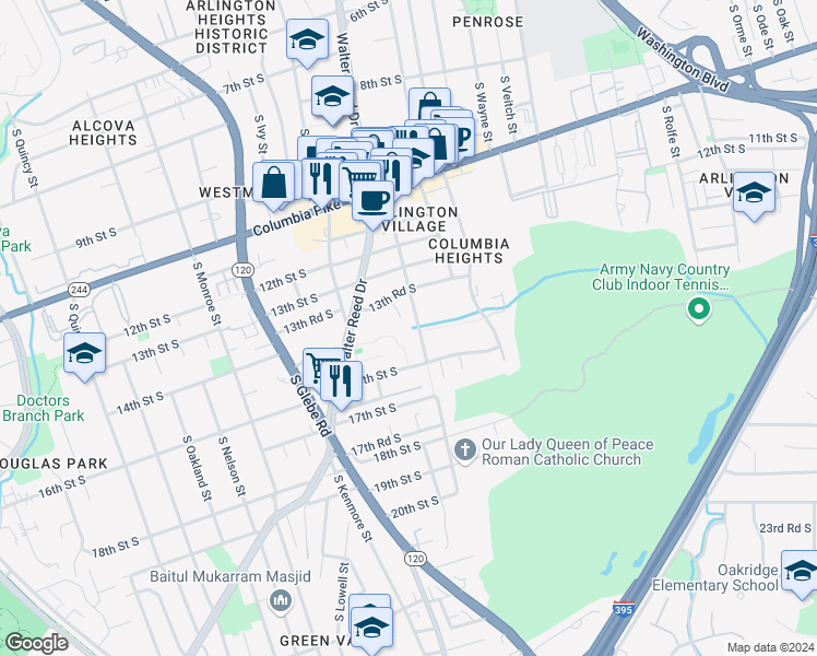 map of restaurants, bars, coffee shops, grocery stores, and more near 1400 South Edgewood Street in Arlington