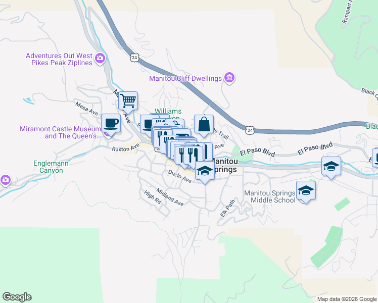map of restaurants, bars, coffee shops, grocery stores, and more near 21 Washington Avenue in Manitou Springs