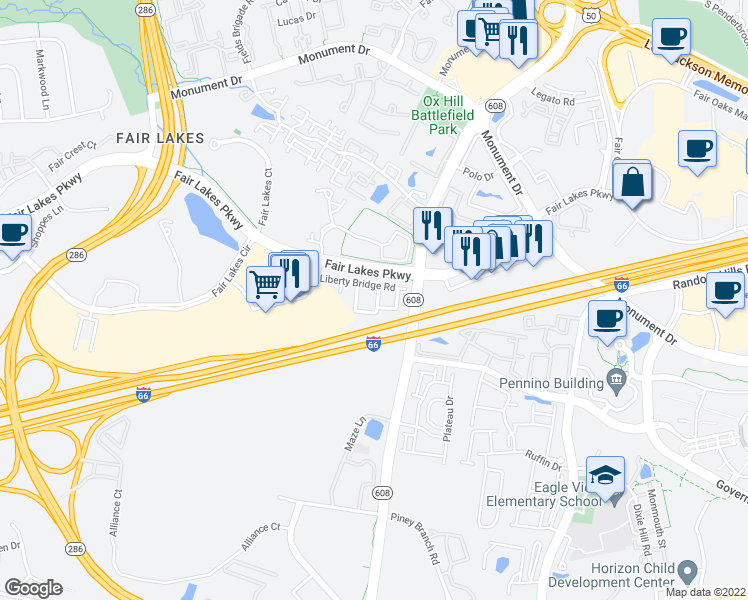 map of restaurants, bars, coffee shops, grocery stores, and more near 4489B Beacon Grove Circle in Fairfax