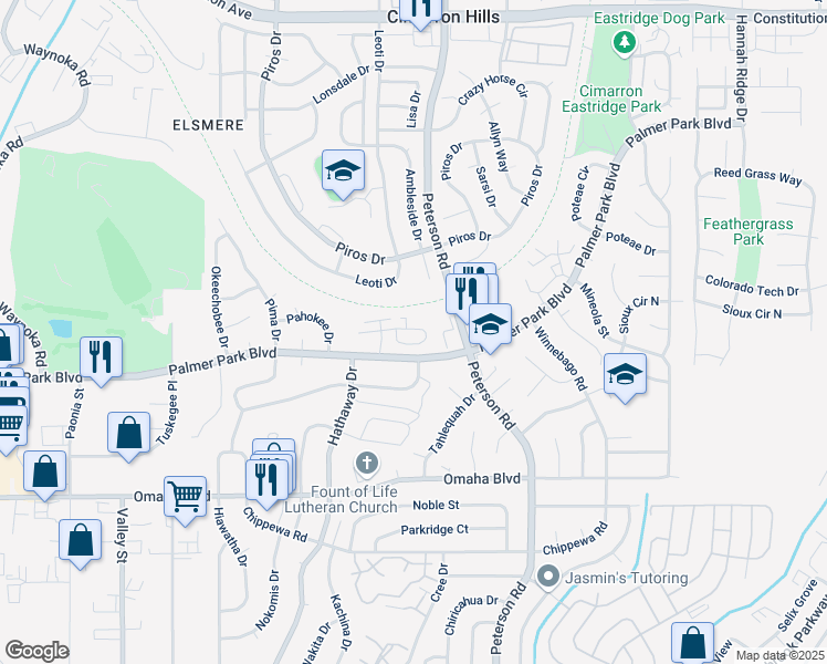 map of restaurants, bars, coffee shops, grocery stores, and more near 6733 Pahokee Court in Colorado Springs