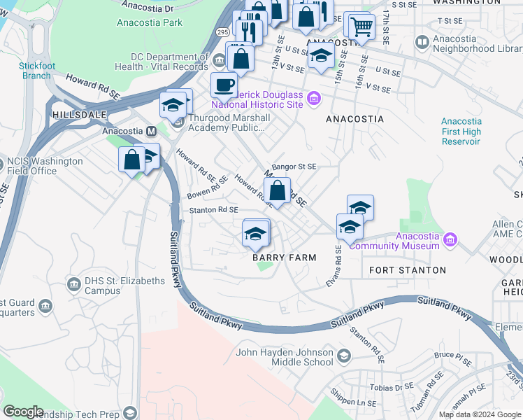 map of restaurants, bars, coffee shops, grocery stores, and more near 2409 Bryan Place Southeast in Washington