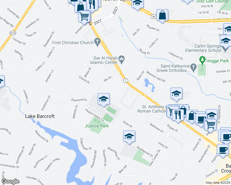 map of restaurants, bars, coffee shops, grocery stores, and more near 6141 Leesburg Pike in Falls Church