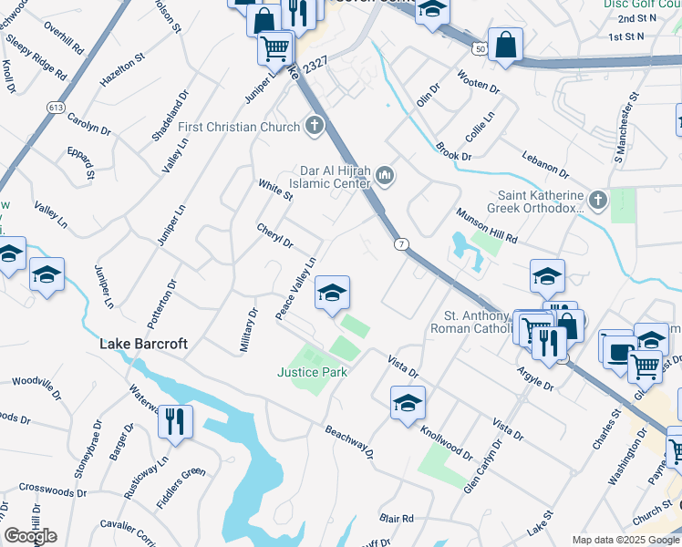 map of restaurants, bars, coffee shops, grocery stores, and more near 3245 Rio Drive in Falls Church