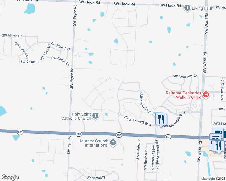 map of restaurants, bars, coffee shops, grocery stores, and more near Arboridge in Lee's Summit