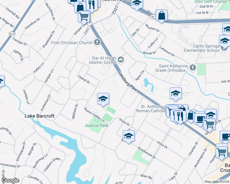 map of restaurants, bars, coffee shops, grocery stores, and more near 6141 Leesburg Pike in Falls Church