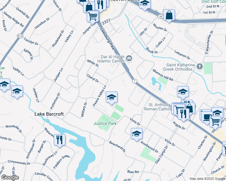 map of restaurants, bars, coffee shops, grocery stores, and more near 3245 Rio Drive in Falls Church