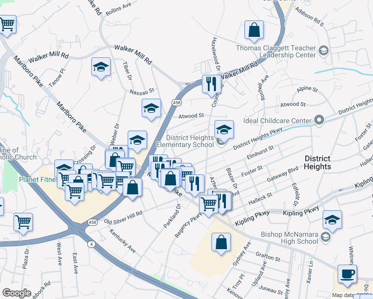 map of restaurants, bars, coffee shops, grocery stores, and more near 6112 Cabot Street in District Heights