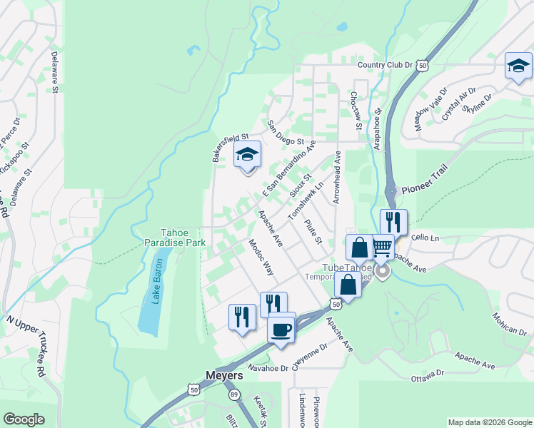 map of restaurants, bars, coffee shops, grocery stores, and more near 1100 East San Bernardino Avenue in South Lake Tahoe