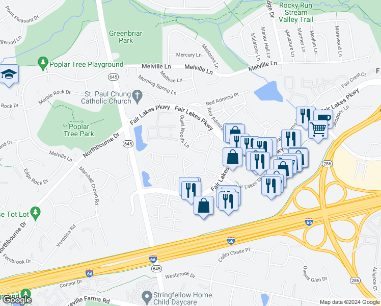 map of restaurants, bars, coffee shops, grocery stores, and more near 4716 Quiet Woods Lane in Fairfax