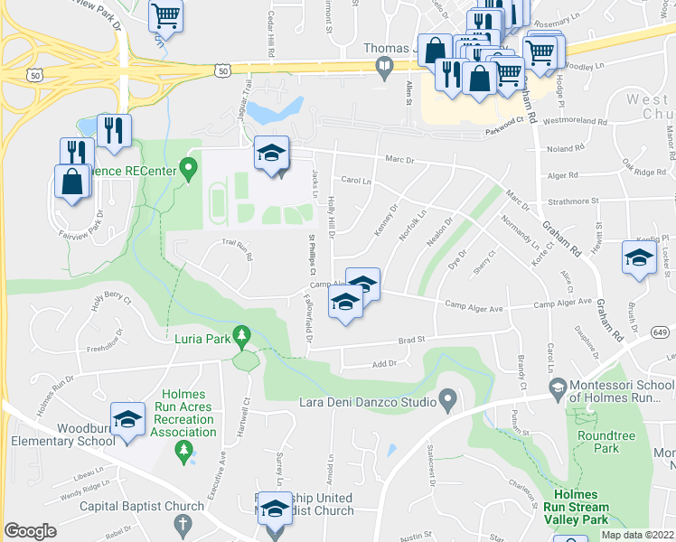 map of restaurants, bars, coffee shops, grocery stores, and more near 3241 Holly Hill Drive in Falls Church