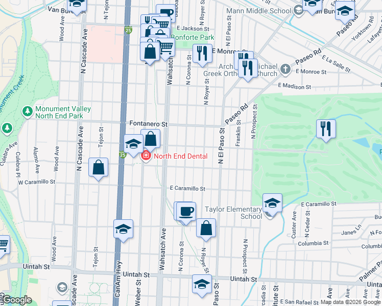 map of restaurants, bars, coffee shops, grocery stores, and more near 516 East Espanola Street in Colorado Springs