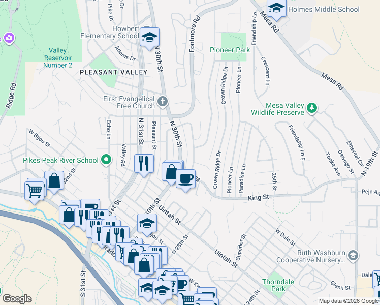 map of restaurants, bars, coffee shops, grocery stores, and more near 702 Castle Road in Colorado Springs