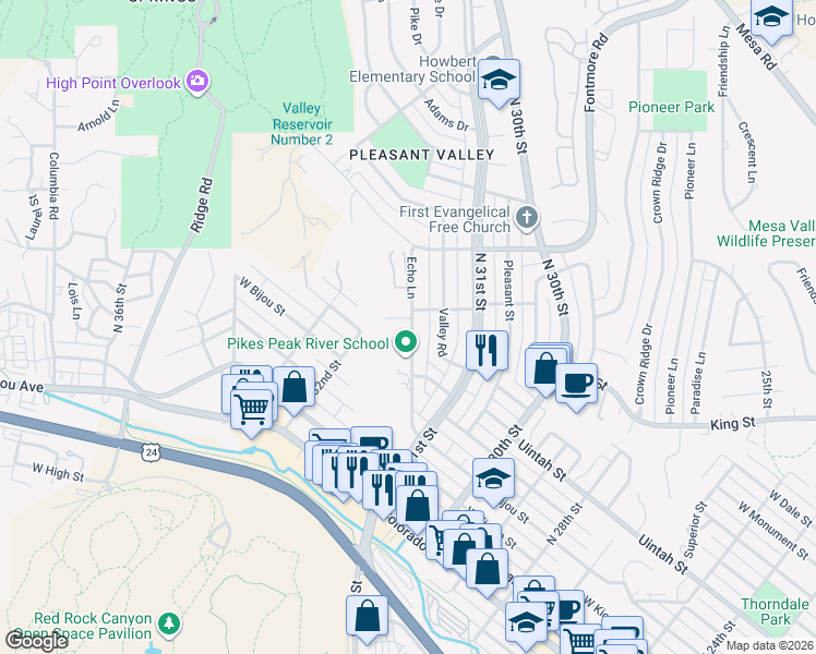 map of restaurants, bars, coffee shops, grocery stores, and more near 3138 West Platte Avenue in Colorado Springs