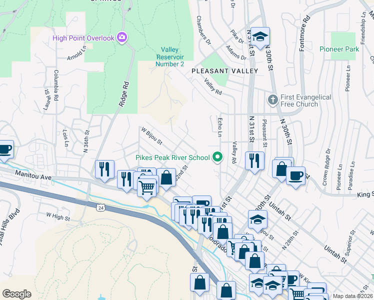 map of restaurants, bars, coffee shops, grocery stores, and more near 222 North 33rd Street in Colorado Springs