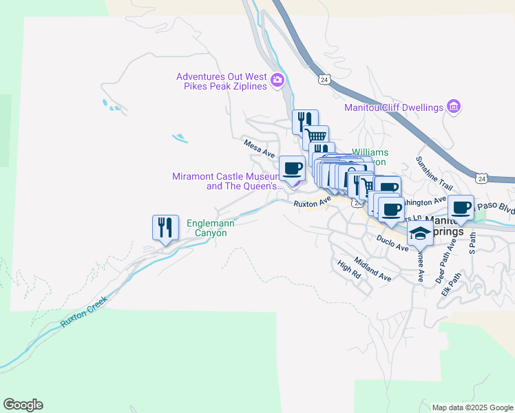 map of restaurants, bars, coffee shops, grocery stores, and more near 347 Pilot Knob Avenue in Manitou Springs