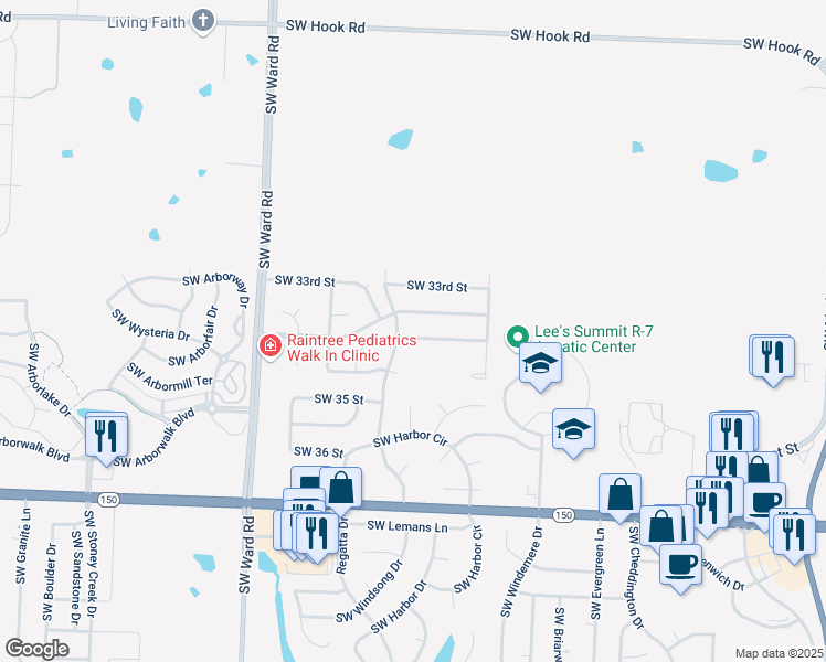 map of restaurants, bars, coffee shops, grocery stores, and more near 719 Southwest 34 Street in Lee's Summit