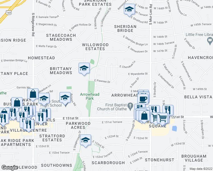 map of restaurants, bars, coffee shops, grocery stores, and more near 1437 South Tomahawk Lane in Olathe
