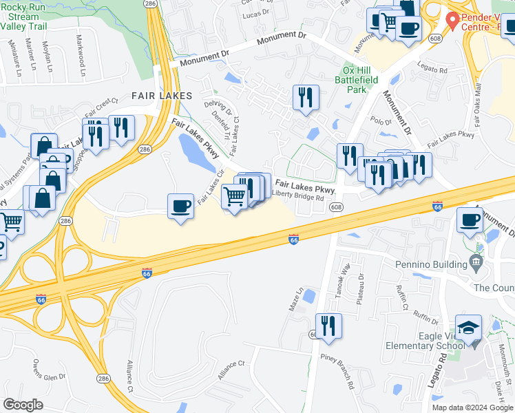 map of restaurants, bars, coffee shops, grocery stores, and more near Market Commons Drive in Chantilly