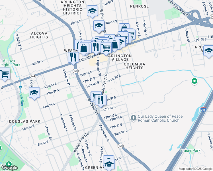 map of restaurants, bars, coffee shops, grocery stores, and more near 1315 South Walter Reed Drive in Arlington