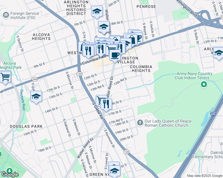 map of restaurants, bars, coffee shops, grocery stores, and more near 2912 13th Road South in Arlington