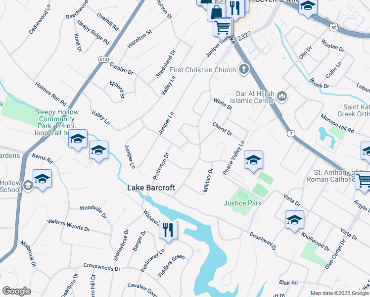 map of restaurants, bars, coffee shops, grocery stores, and more near 3213 Marcer Street in Falls Church