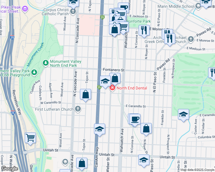 map of restaurants, bars, coffee shops, grocery stores, and more near 1720 North Weber Street in Colorado Springs