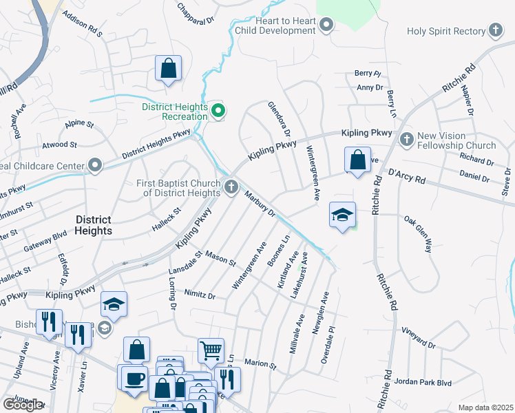 map of restaurants, bars, coffee shops, grocery stores, and more near 2203 Marbury Drive in District Heights