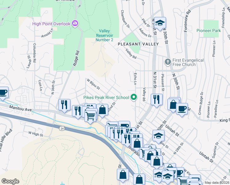 map of restaurants, bars, coffee shops, grocery stores, and more near 222 North 33rd Street in Colorado Springs