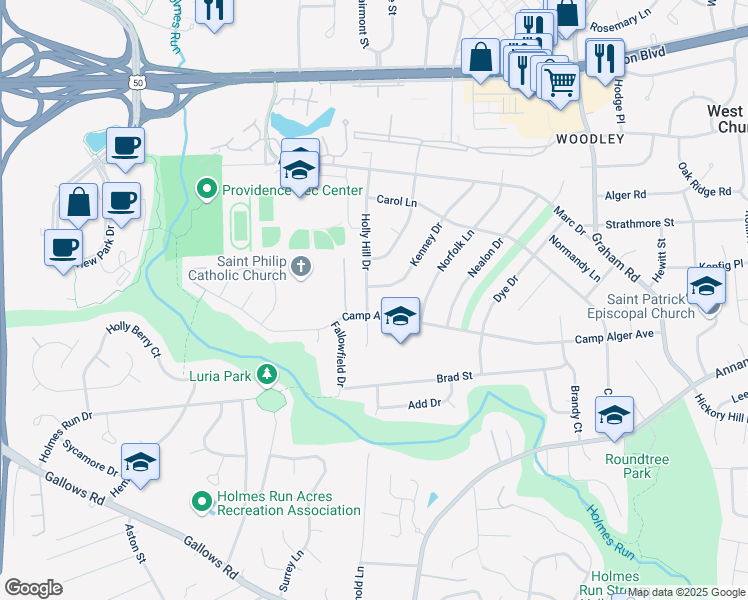 map of restaurants, bars, coffee shops, grocery stores, and more near 3241 Holly Hill Drive in Falls Church