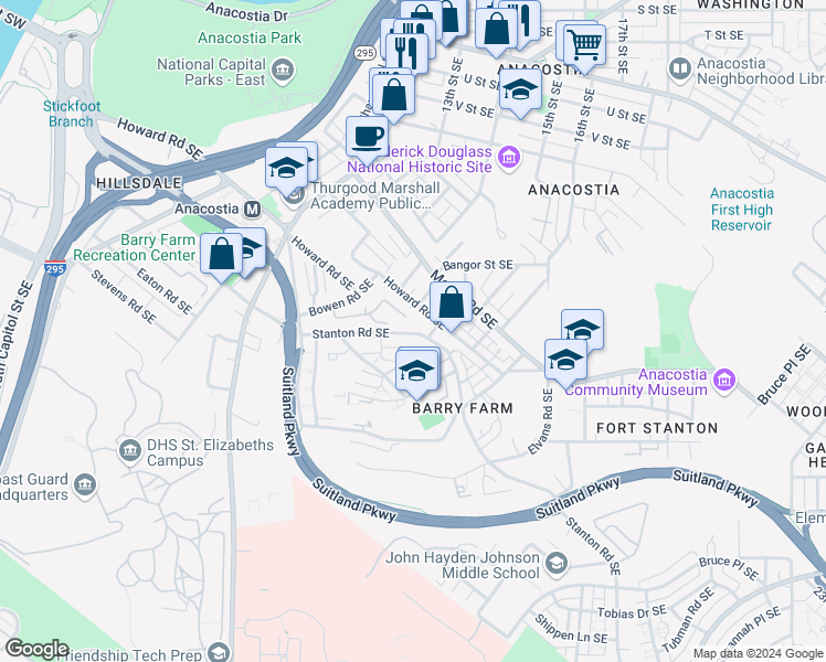map of restaurants, bars, coffee shops, grocery stores, and more near 2638 Stanton Road Southeast in Washington