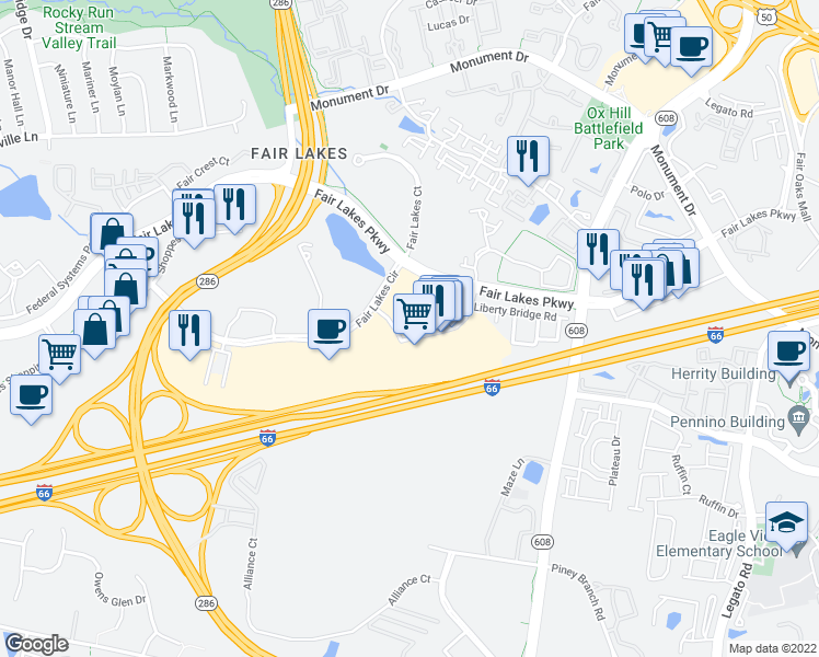 map of restaurants, bars, coffee shops, grocery stores, and more near 4490 Market Commons Drive in Fairfax