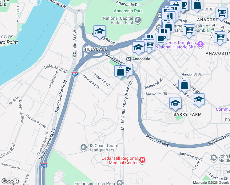 map of restaurants, bars, coffee shops, grocery stores, and more near 2704 Wade Road Southeast in Washington