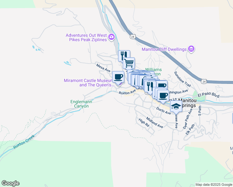 map of restaurants, bars, coffee shops, grocery stores, and more near 12 Capitol Hill Avenue in Manitou Springs