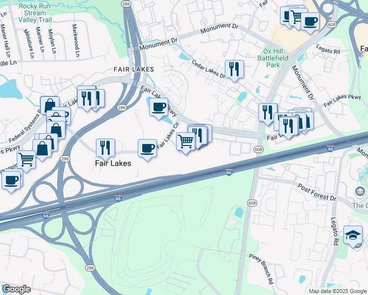 map of restaurants, bars, coffee shops, grocery stores, and more near 4490 Market Commons Drive in Fairfax