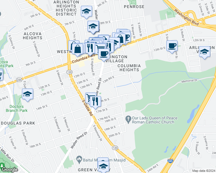 map of restaurants, bars, coffee shops, grocery stores, and more near 2904 13th Road South in Arlington