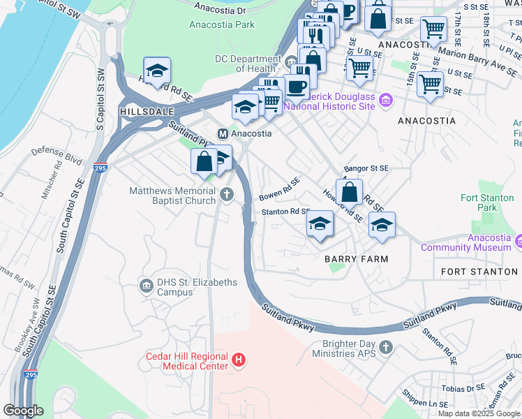 map of restaurants, bars, coffee shops, grocery stores, and more near 2516 Stanton Road Southeast in Washington