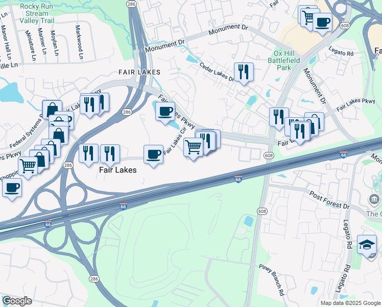 map of restaurants, bars, coffee shops, grocery stores, and more near 4490 Market Commons Drive in Fairfax