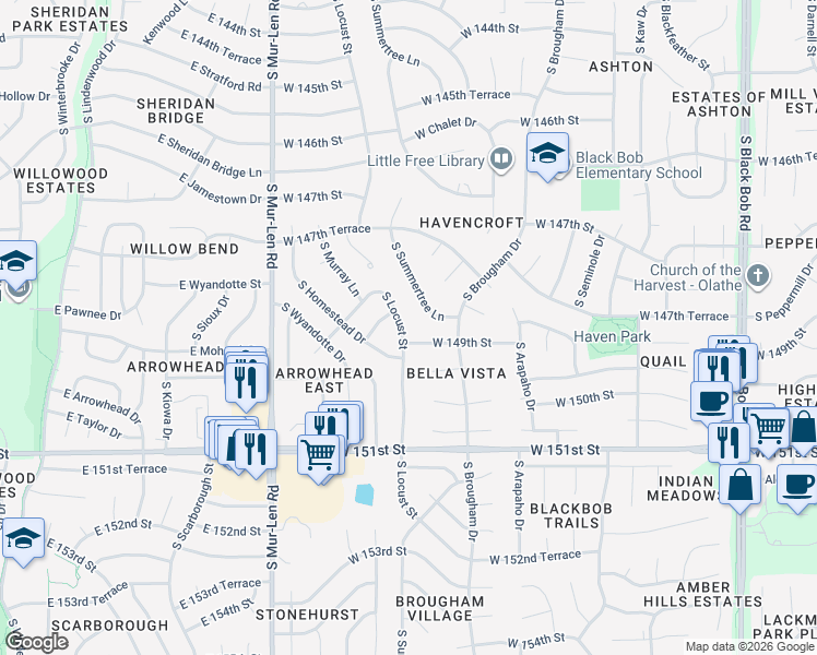 map of restaurants, bars, coffee shops, grocery stores, and more near 14827 South Locust Street in Olathe