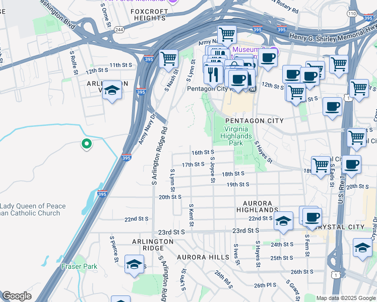map of restaurants, bars, coffee shops, grocery stores, and more near 1103 16th Street South in Arlington