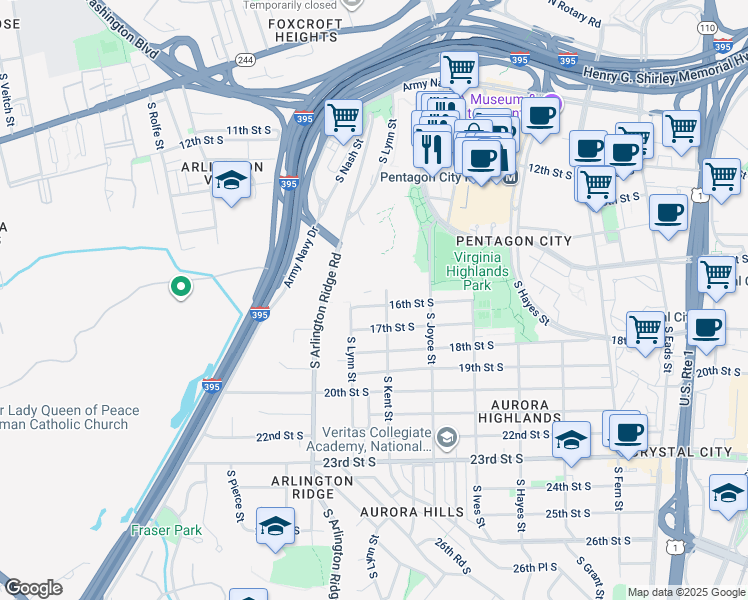 map of restaurants, bars, coffee shops, grocery stores, and more near 1111 16th Street South in Arlington