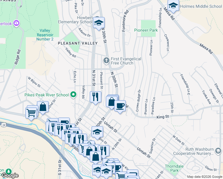 map of restaurants, bars, coffee shops, grocery stores, and more near 652 North 30th Street in Colorado Springs