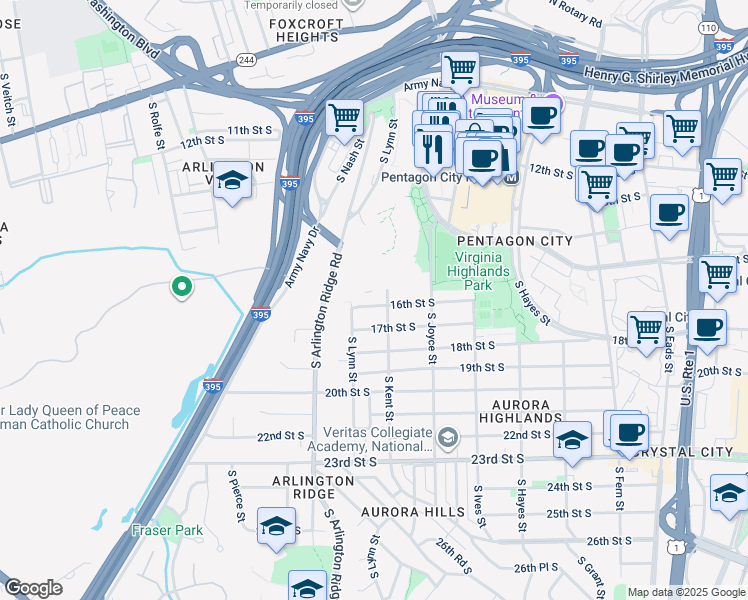 map of restaurants, bars, coffee shops, grocery stores, and more near 1111 16th Street South in Arlington