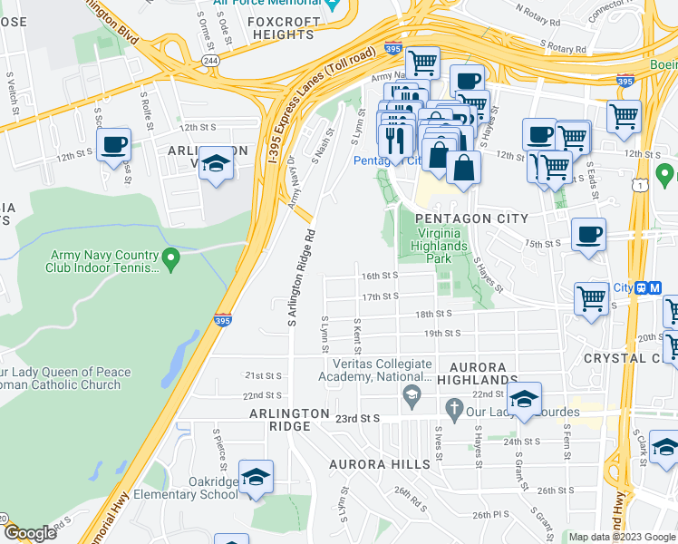 map of restaurants, bars, coffee shops, grocery stores, and more near 1119 16th Street South in Arlington