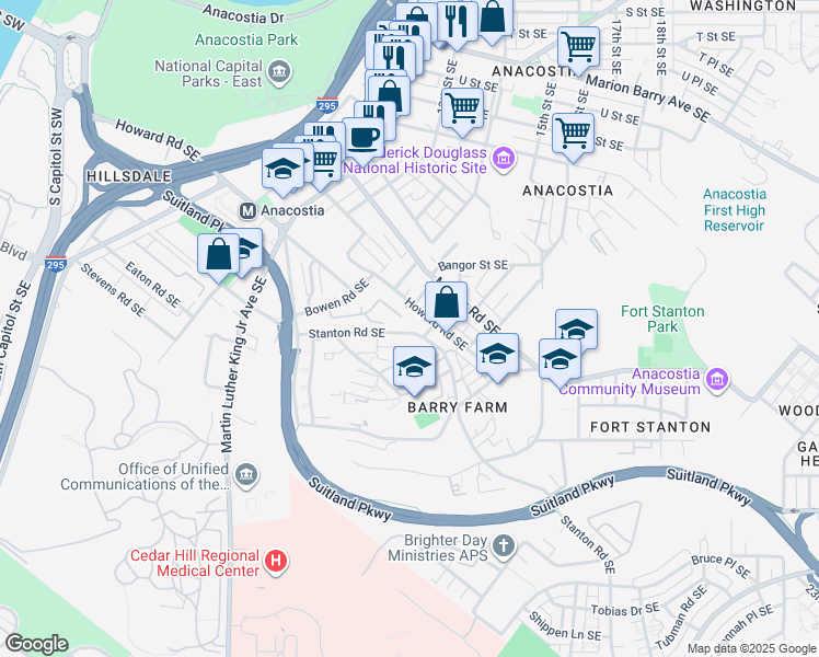 map of restaurants, bars, coffee shops, grocery stores, and more near 2638 Stanton Road Southeast in Washington