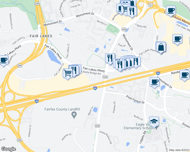 map of restaurants, bars, coffee shops, grocery stores, and more near 4489B Beacon Grove Circle in Fairfax