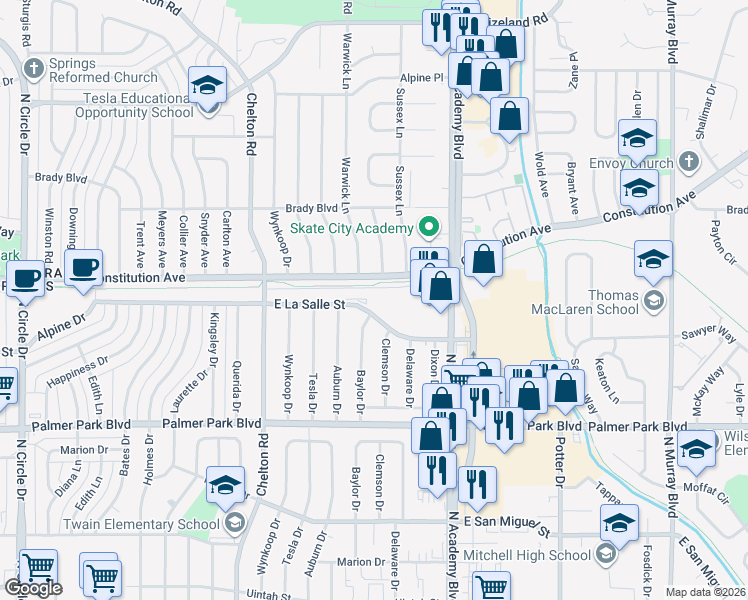map of restaurants, bars, coffee shops, grocery stores, and more near 1903 Berkshire Lane in Colorado Springs