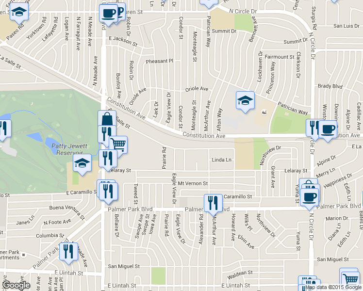 map of restaurants, bars, coffee shops, grocery stores, and more near 2354 East La Salle Street in Colorado Springs
