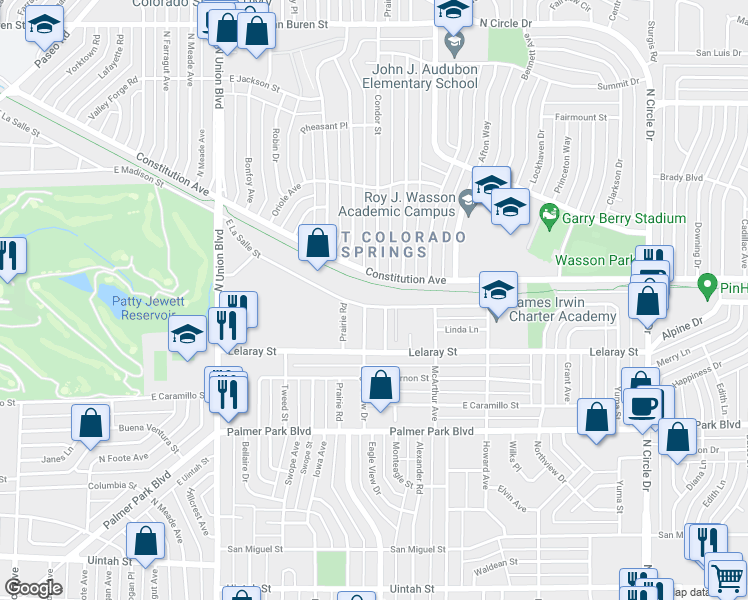 map of restaurants, bars, coffee shops, grocery stores, and more near 2354 East La Salle Street in Colorado Springs