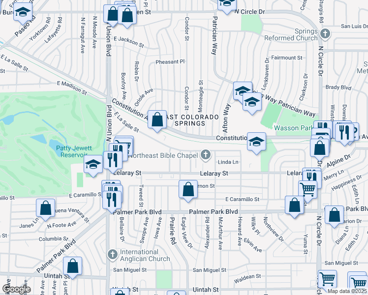 map of restaurants, bars, coffee shops, grocery stores, and more near 2354 East La Salle Street in Colorado Springs