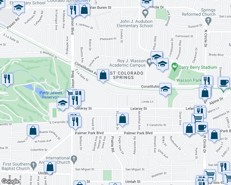 map of restaurants, bars, coffee shops, grocery stores, and more near 2210 East La Salle Street in Colorado Springs